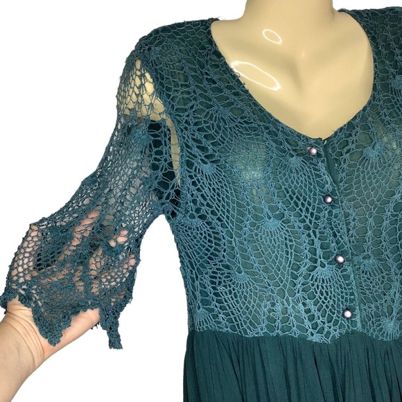 Vintage Dress Womens Small Green Crochet Top Pleated Skirt 90s Boho Grunge Midi - Picture 5 of 8